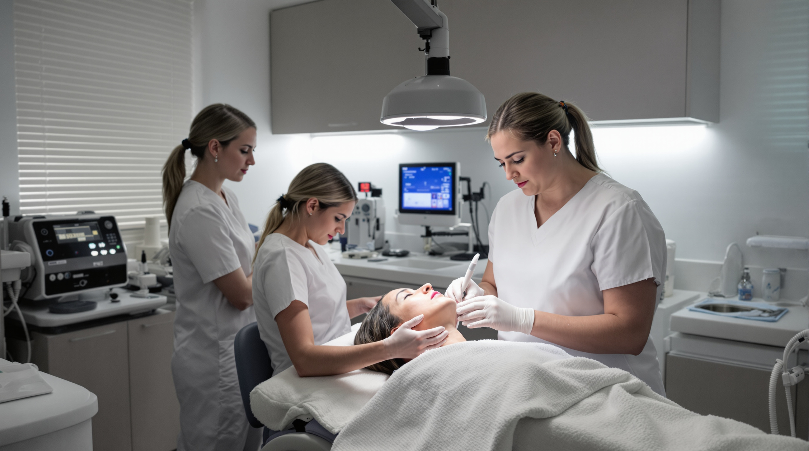 A fractional resurfacing laser handpiece and amber protective goggles resting on a stainless steel tray under an exam lamp in a treatment room.