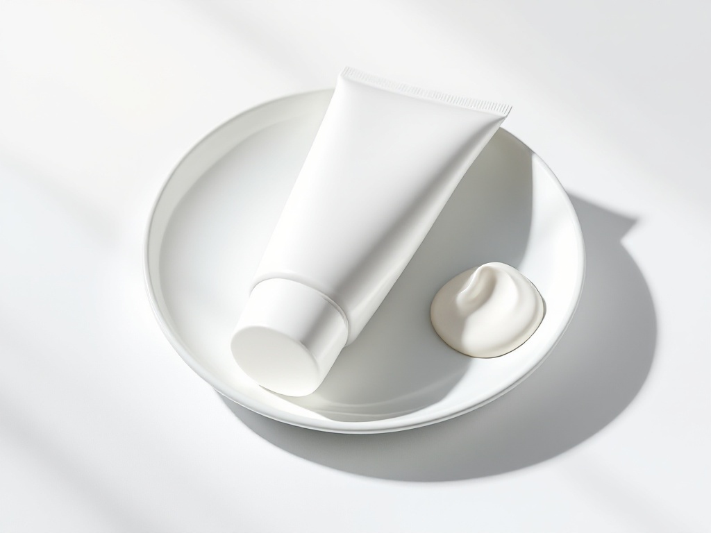 An unlabeled white cream tube with a small swirl of cream on a pale ceramic dish