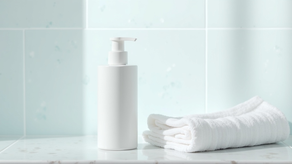 A white body-wash bottle and a folded towel on a shower shelf