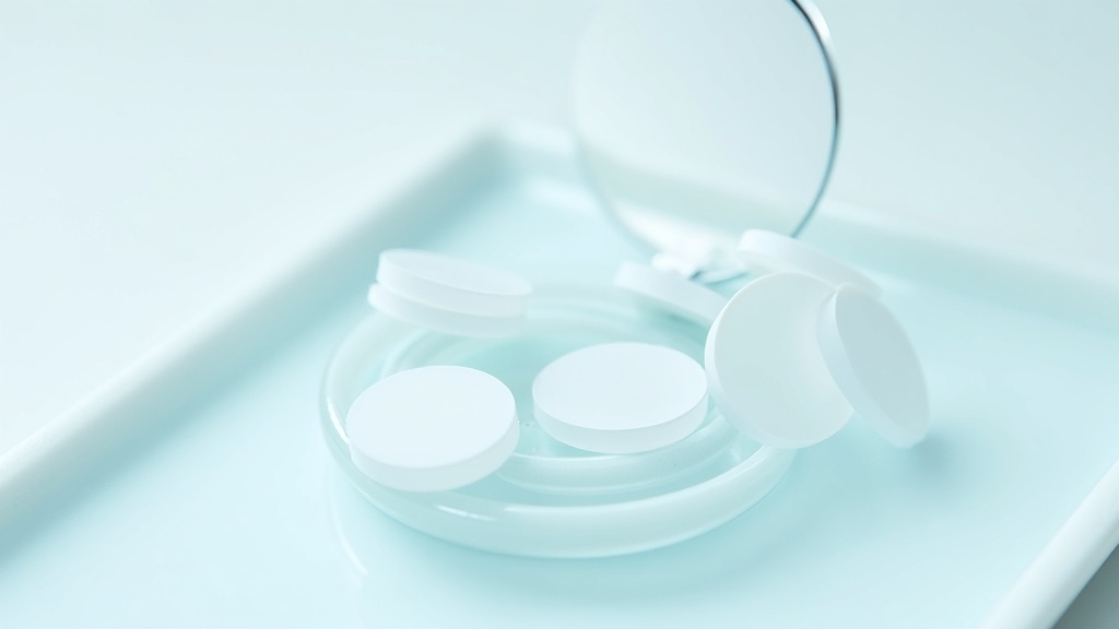 Small round hydrocolloid patches on a sheet beside a compact mirror
