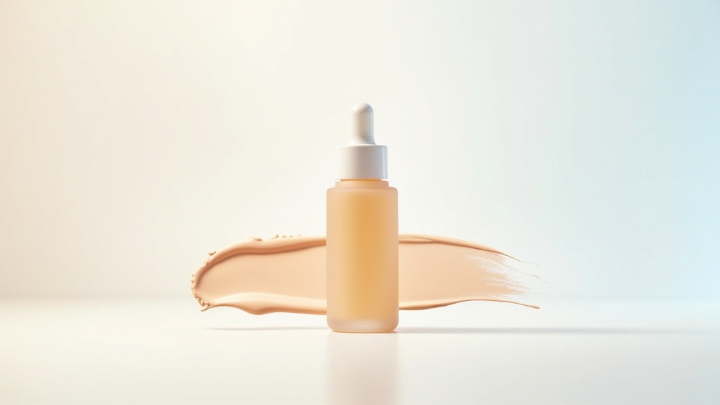 A tinted mineral sunscreen swatch beside a brightening serum on a clean surface