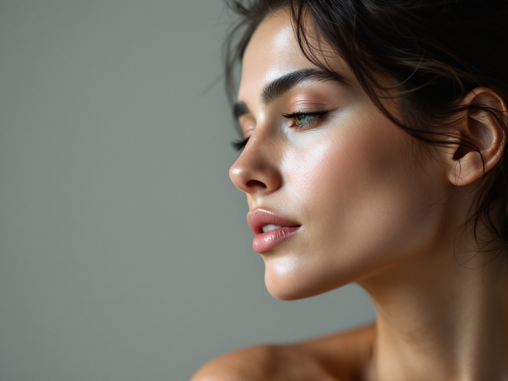 Side profile of an adult woman with bare skin along the jawline