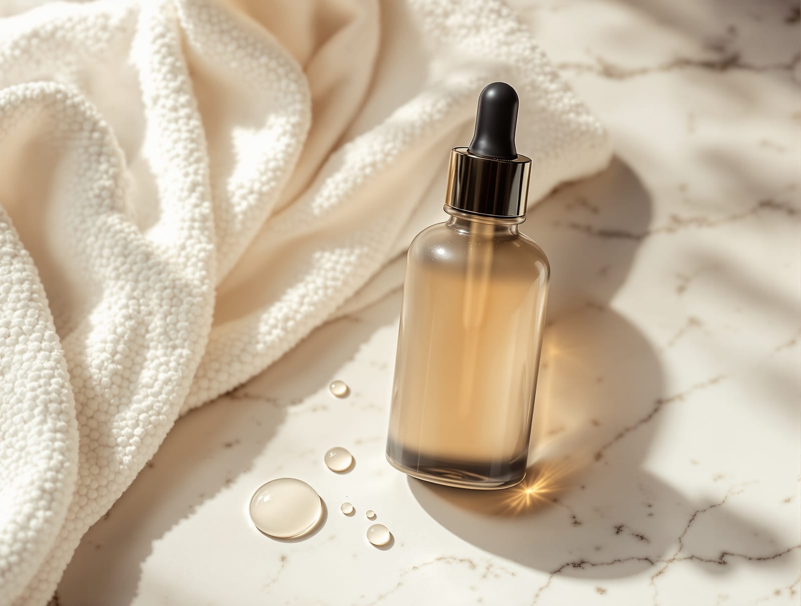An unlabeled frosted-glass dropper serum bottle with a droplet of clear serum on a pale stone surface