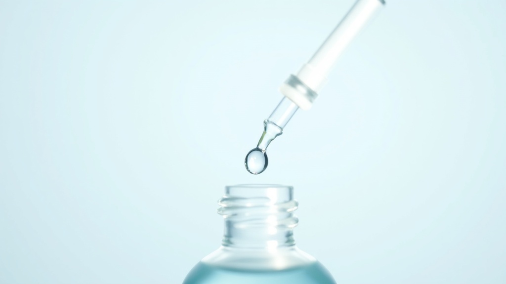 A clear leave-on acid solution in a glass bottle catching soft studio light